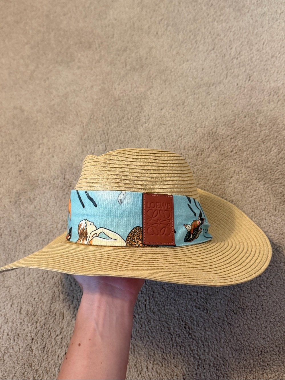 Loewe Paula’s Ibiza Natural Straw Hat with Light Blue mermaid Printed Band RARE